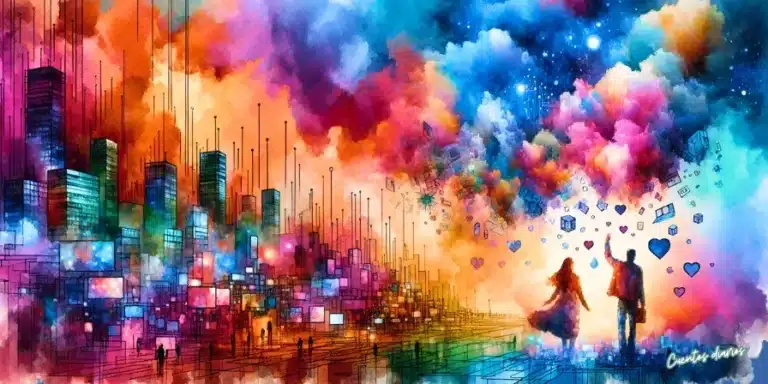 Cuento: Amor en tiempos de realidad virtual 3 Dibujo en acuarela de una pareja entre mundos digitales y mágicos – Cuento de amor en la era virtual.
