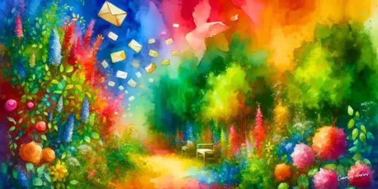 Dibujo en acuarela de un Jardín mágico lleno de flores de colores y cartas flotando en el aire, inspirado en el cuento El Jardín Secreto de las Cartas sobre el amor, la amistad y los recuerdos.
