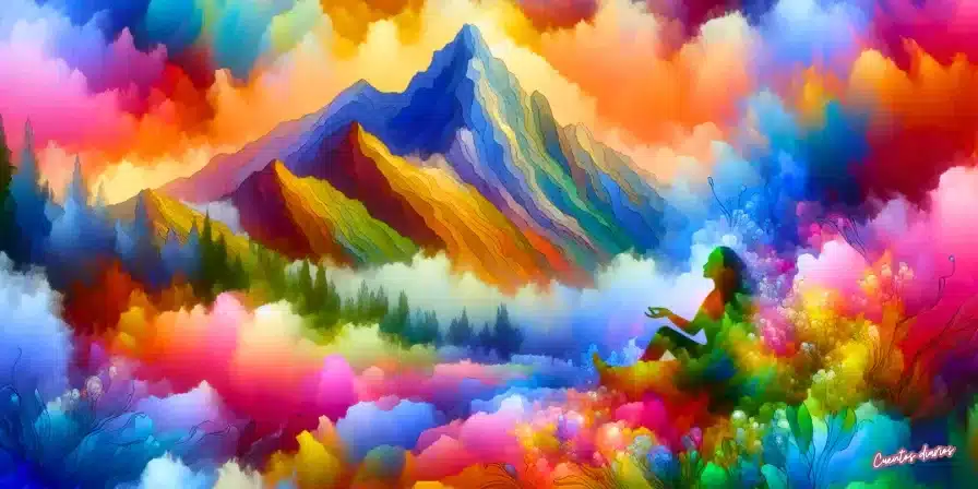 Cuento de amor propio: "La montaña de los sueños" 2 Dibujo en acuarela de una mujer sentada rodeada de flores multicolores, frente a una montaña en tonos vibrantes bajo un cielo lleno de nubes coloridas.
