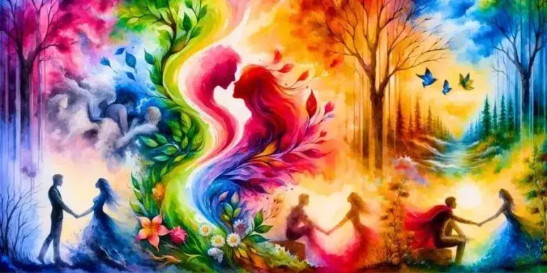 Ilustración de Las estaciones del corazón con una pareja enamorada rodeada por las cuatro estaciones del año, simbolizando el amor, la amistad y el crecimiento de una relación a lo largo del tiempo.