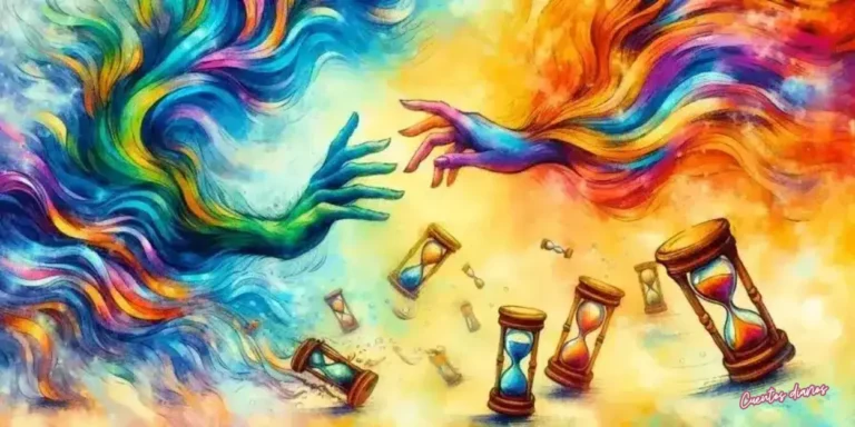 Manos separándose entre relojes de arena suspendidos en el aire, símbolo del amor perdido, el paso del tiempo y las promesas que se desvanecen.