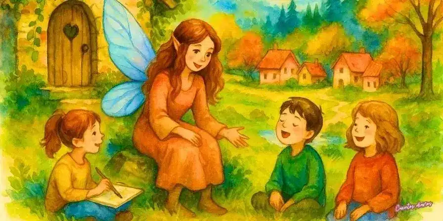 Dibujo en acuarelas de un hada joven rodeada de niños felices en un colorido pueblo de montaña.