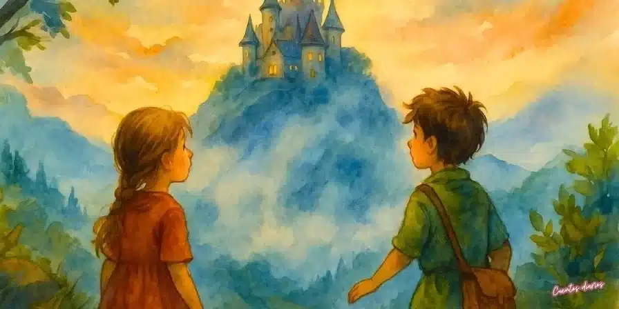 Cuento: El castillo encantado en la cima de la montaña llegando a él con valor y bondad contra la magia oscura 6 Dibujo en acuarela de dos niños observando un castillo encantado sobre una montaña, rodeados de árboles mágicos y luz misteriosa.