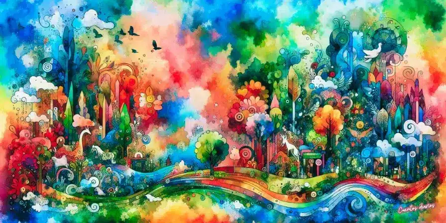 Cuento: El gigante amable y la pequeña hada viviendo aventuras en el bosque de la amistad y la tolerancia 2 Dibujo colorido y difuso en estilo acuarelas de un bosque fantástico lleno de color con un unicornio y aves, inspirado en un cuento infantil titulado: "El gigante amable y el hada pequeña".