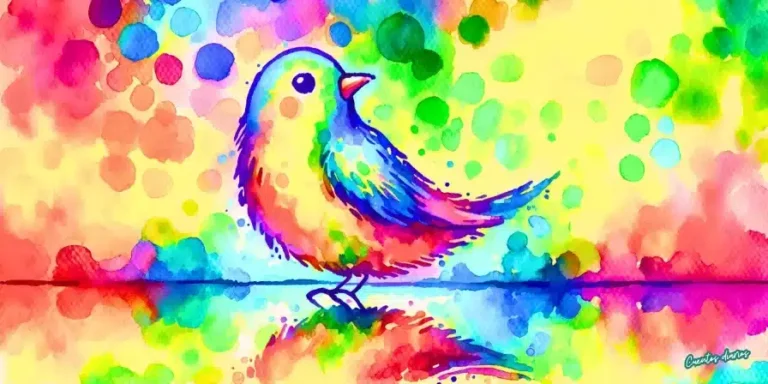 Dibujo en acuarela de un pájaro de colores llamado Azurín recuperando su canto y su amor propio en un bosque mágico lleno de luz y esperanza.