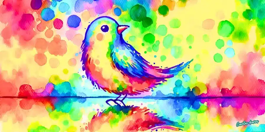 Pájaro de colores intensos en acuarela, reflejado sobre una superficie, rodeado de un fondo abstracto de tonos arcoíris.