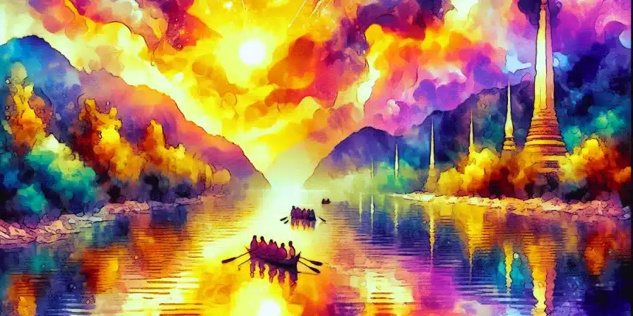 Cuento: El río de los reflejos cambiantes 16 Dibujo en acuarela de un grupo en barca bajo un cielo mágico – Cuento sobre amor propio y transformación. Grupo de personas remando en una barca sobre un río brillante al atardecer, rodeado de montañas y colores vivos.