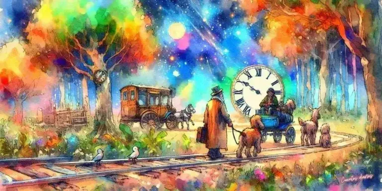 Ilustración en acuarela de un viajero del tiempo caminando entre relojes gigantes, carruajes y un bosque mágico, inspirada en el cuento El viajero del tiempo y su promesa.