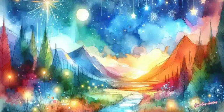 Paisaje nocturno de acuarela con montañas, río brillante y cielo estrellado iluminado por una luna llena.