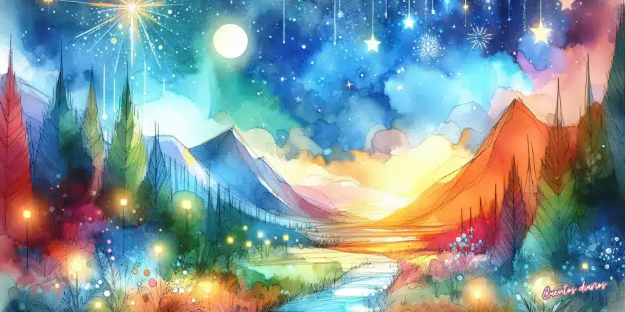 Cuento: Estrellas fugaces y los deseos eternos 1 Paisaje nocturno de acuarela con montañas, río brillante y cielo estrellado iluminado por una luna llena.
