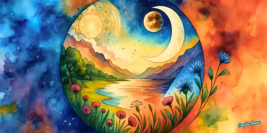 Cuento: La luna que quería ser sol 17 Dibujo en acuarela de un paisaje onírico con cielo diurno y nocturno, flores silvestres y montañas bajo un fondo colorido en degradé de rojos, azules y naranjas, representando la armonía entre el sol y la luna.