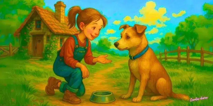 Dibujo de un perro marrón llamado Sam con mirada amable, en un bosque colorido y luminoso al estilo acuarela, representando un cuento de esperanza y aventuras.