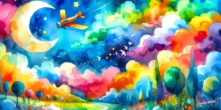 Ilustración en acuarela de un avión volando entre nubes de colores, una luna creciente y un paisaje mágico, inspirada en el cuento Vuelo nocturno a nuestros sueños.