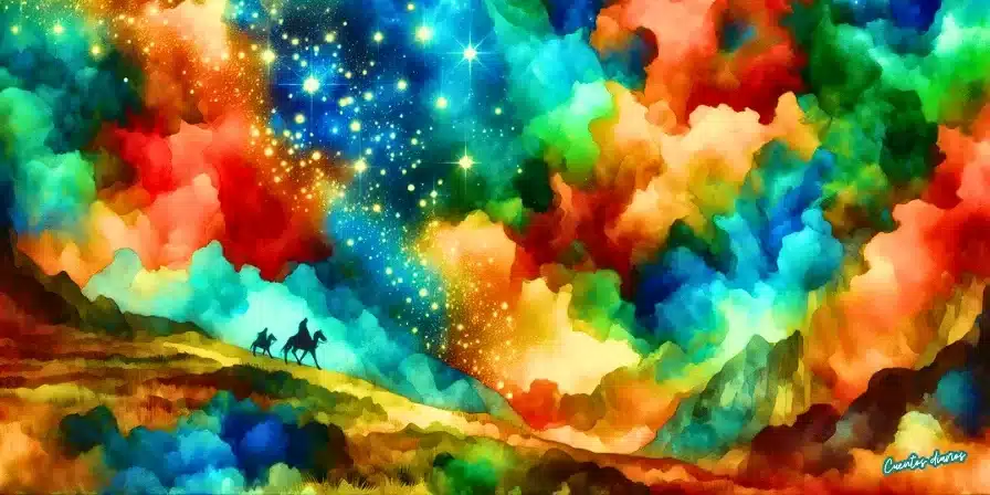 Cuento: Bajo el manto estrellado en un viaje a través de la constelación del amor 19 Dibujo en acuarela de viajeros montados a caballo avanzan por un sendero iluminado bajo un cielo nocturno lleno de estrellas y nubes de colores vibrantes, en una escena de fantasía.