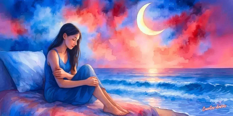 Dibujo en acuarela de una mujer contemplando el mar bajo una luna creciente al atardecer, inspirada en el cuento Caricias de la luna sobre el mar de amor que acunan el alma femenina.