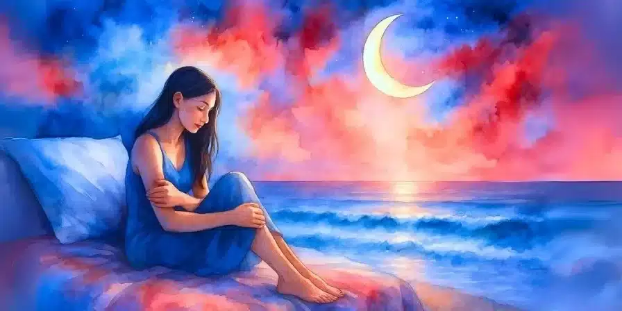 Cuento: Caricias de la luna sobre el mar de amor que acunan el alma femenina 54 Dibujo de una mujer sentada en una cama frente al mar iluminado por la luna creciente, en una ilustración en acuarela con cielo estrellado y tonos cálidos al amanecer.