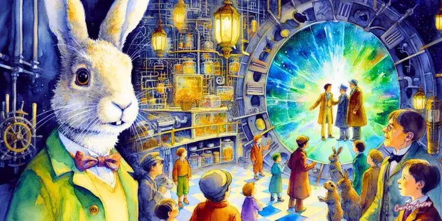 Dibujo en acuarelas de un conejo antropomorfo vestido elegantemente observa una escena futurista con niños, adultos y conejos reales frente a un portal de luz en una sala llena de objetos científicos y engranajes.