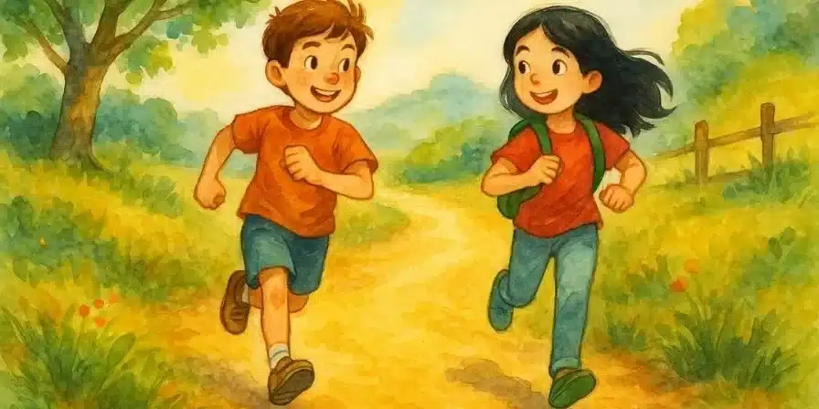 Ilustración en acuarela de un niño y una niña corriendo por un camino rural rodeado de árboles y flores, en un entorno natural soleado.
