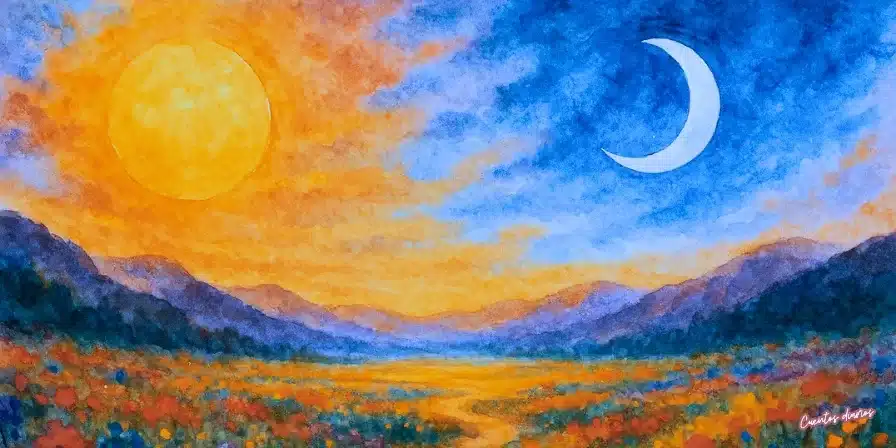 Cuento: El camino del amor 2 Dibujo de valle lleno de flores bajo un cielo con sol y luna visibles al mismo tiempo, pintado en acuarela.
