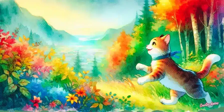 Gato caminando alegremente entre un bosque colorido al amanecer en una ilustración estilo acuarela.