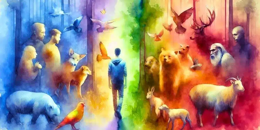 Niño caminando entre figuras humanas y animales representando el contraste entre el respeto y el maltrato animal, en una escena simbólica y colorida.