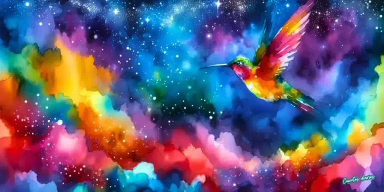 Dibujo en acuarela de un colibrí nocturno de colores iridiscentes volando bajo un cielo estrellado en una ilustración en acuarela inspirada en el cuento El vuelo del colibrí bajo el cielo de la noche infinita.