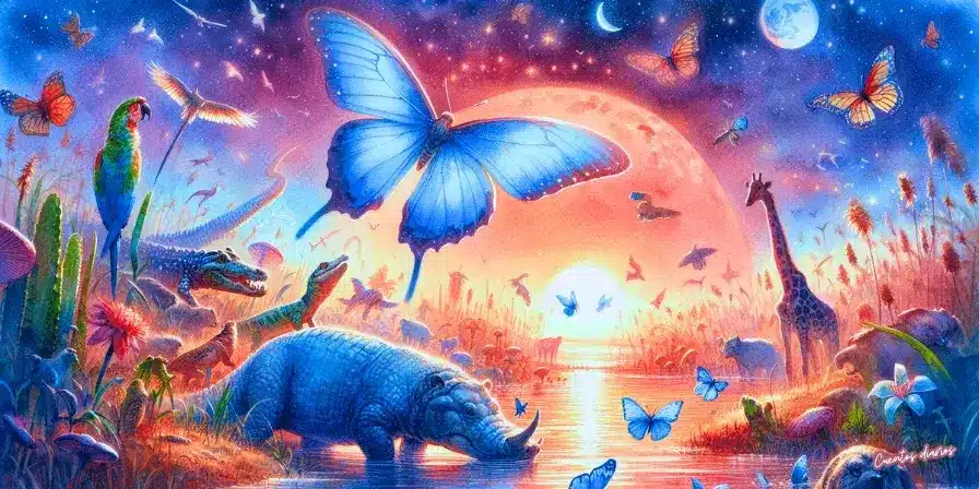 Cuento: La danza de Azul 2 Dibujo de una mariposa azul gigante sobre un paisaje con animales salvajes como cocodrilos, jirafas y guacamayos, bajo un cielo estrellado y un sol poniente.
