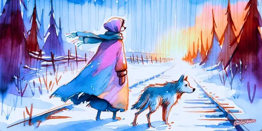 Cuento: La trágica odisea la perra abandonada 3 Dibujo en acuarela de una mujer con capa y bufanda caminando con un perro por unas vías de tren en un paisaje nevado, al amanecer, en estilo acuarela.