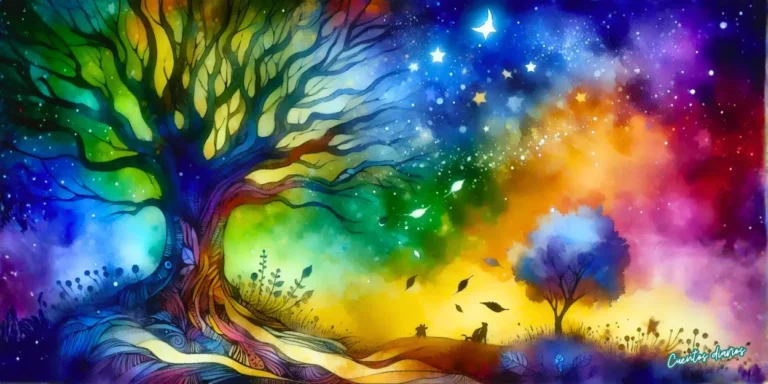 Ilustración en acuarela del árbol de los sueños bajo un cielo estrellado, inspirada en el cuento La última hoja del árbol de los sueños.