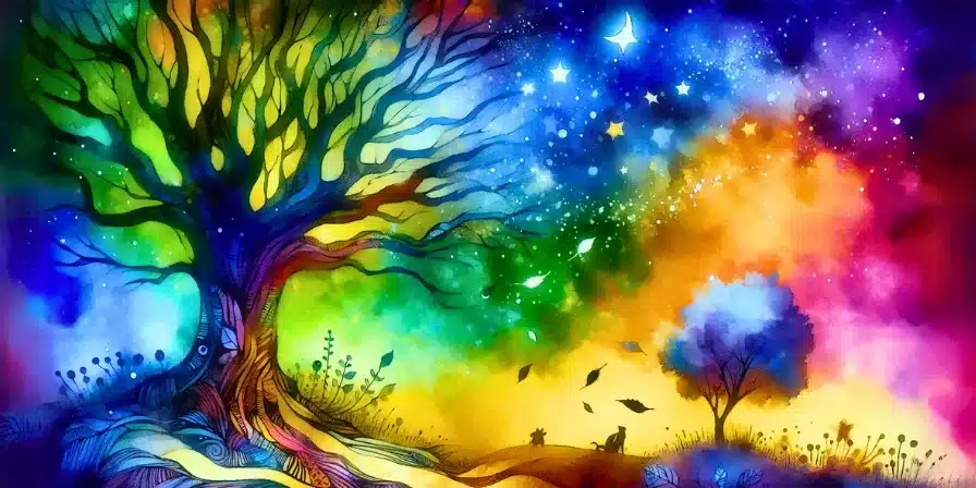 Cuento: La última hoja del árbol de los sueños 15 Dibujo en acuarela mágica y colorida de un árbol fantástico cuyas ramas se extienden hacia un cielo estrellado, con hojas flotando y figuras pequeñas contemplando el paisaje nocturno.