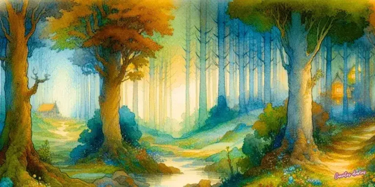 Ilustración en acuarela de un bosque encantado con senderos iluminados y árboles centenarios, escenario de un cuento de fantasía para dormir.