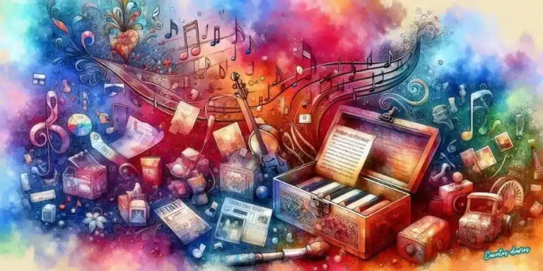 Dibujo en acuarela de una caja musical antigua abierta rodeada de partituras, instrumentos y notas musicales en una ilustración en acuarela inspirada en el cuento La melodía olvidada de la caja musical de los recuerdos.