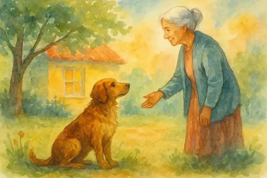 Cuento: La trágica odisea la perra abandonada 2 Dibujo en acuarelas de una anciana sonriente extendiendo la mano hacia una perra marrón sentada en un jardín frente a una casa amarilla, en estilo acuarela.