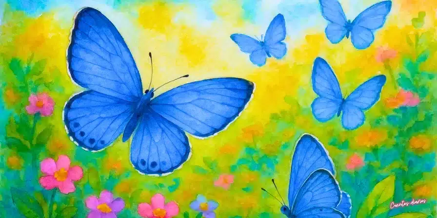 Cuento: La danza de Azul 2 Dibujo en acuarela de cuatro mariposas azules revolotean entre flores silvestres en un jardín con fondo difuminado en tonos cálidos y verdes.