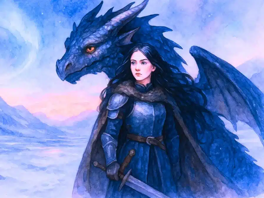 Cuento: La princesa guerrera del reino del norte 2 Astryd, una princesa guerrera con armadura, posa junto a un dragón oscuro en un paisaje nevado al atardecer con auroras en el cielo.