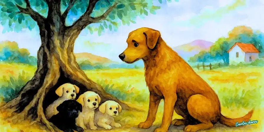 Dibujo en acuarelas de un perro marrón cuidando a cuatro cachorros refugiados bajo un olivo en un paisaje rural andaluz.