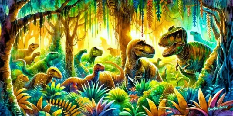 Dibujo en acuarela de un grupo de dinosaurios escondidos en una exuberante selva prehistórica mientras una pequeña dinosauria y un triceratops afrontan una emocionante aventura.