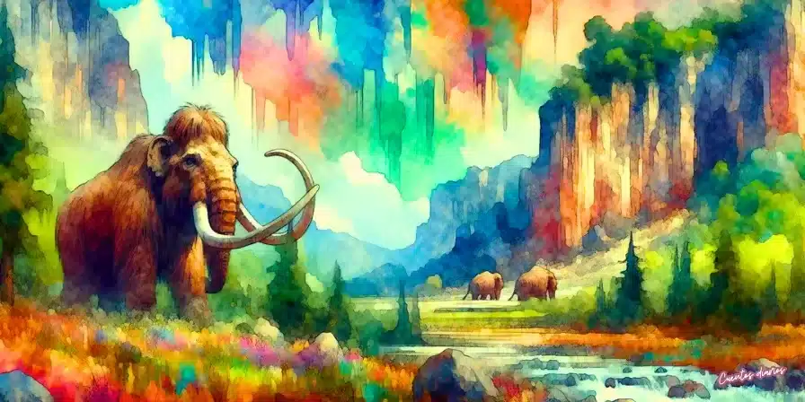Dibujo en acuarelas de un mamut lanudo en un paisaje montañoso y colorido durante la prehistoria, inspirado en el cuento “El mamut que tenía vértigo”.