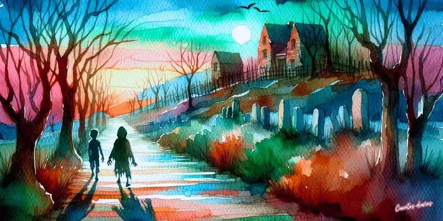 Dibujo en acuarela de dos figuras infantiles caminando hacia una vieja mansión bajo un cielo crepuscular.
