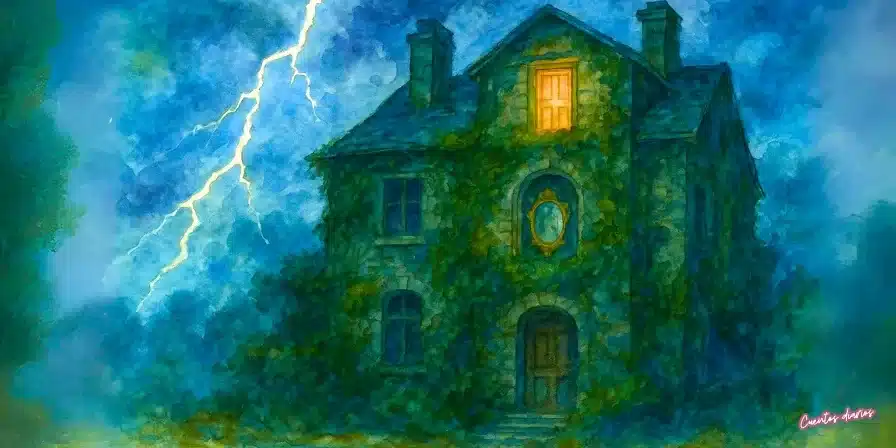 Dibujo en acuarelas de una mansión Sollozo cubierta de hiedra bajo una tormenta, con una puerta iluminada y un espejo antiguo que refleja una figura femenina decimonónica
