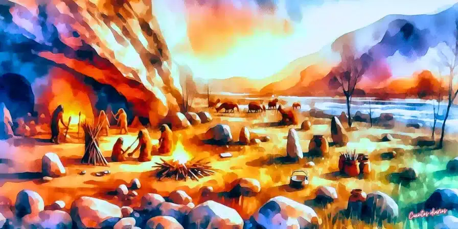 Escena prehistórica con una tribu junto al fuego, rodeada de montañas y una piedra central, inspirada en el cuento “La piedra que sabía contar historias”.