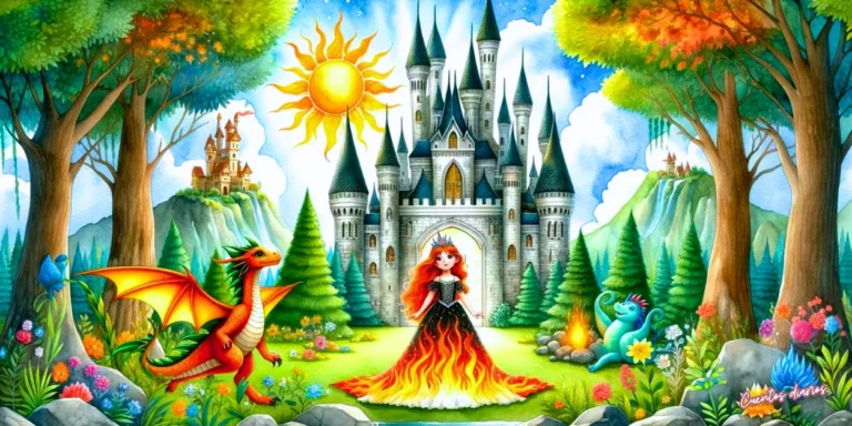 Dibujo de La princesa de fuego frente a su castillo con un dragón en un cuento infantil con moraleja.
