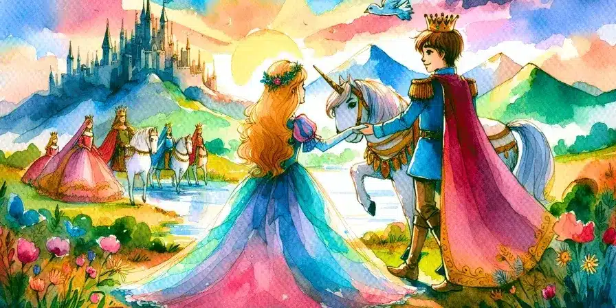 Cuento: La princesa y el príncipe de un reino rival en una historia de amor prohibido 4 Dibujo en acuarela de un príncipe y una princesa junto a un unicornio – Cuento infantil mágico sobre unión y esperanza.