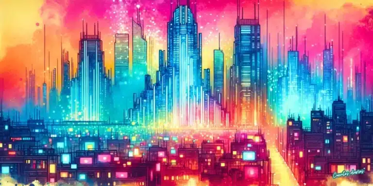 Neón Sobre Neo-Tokio: Aventuras en una metrópoli ciberpunk iluminada 8 Paisaje ciberpunk de Neo-Tokio con rascacielos iluminados en tonos neón al anochecer.