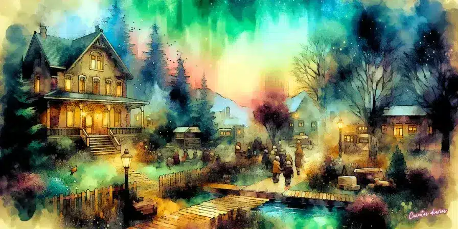 Dibujo en acuarela de un puente de madera y casas iluminadas al anochecer, con niebla colorida y figuras humanas difusas caminando hacia un cementerio.