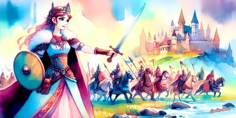Princesa con armadura, espada y escudo al frente de un ejército a caballo, con un castillo al fondo y cielo en tonos de acuarela.