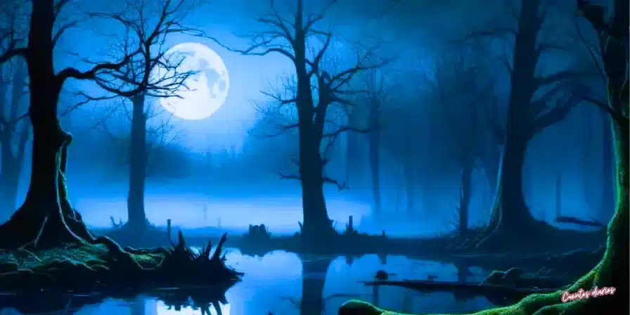 Bosque oscuro con árboles sin hojas y luna llena reflejada en el agua en referencia a los cuentos de terror y miedo.