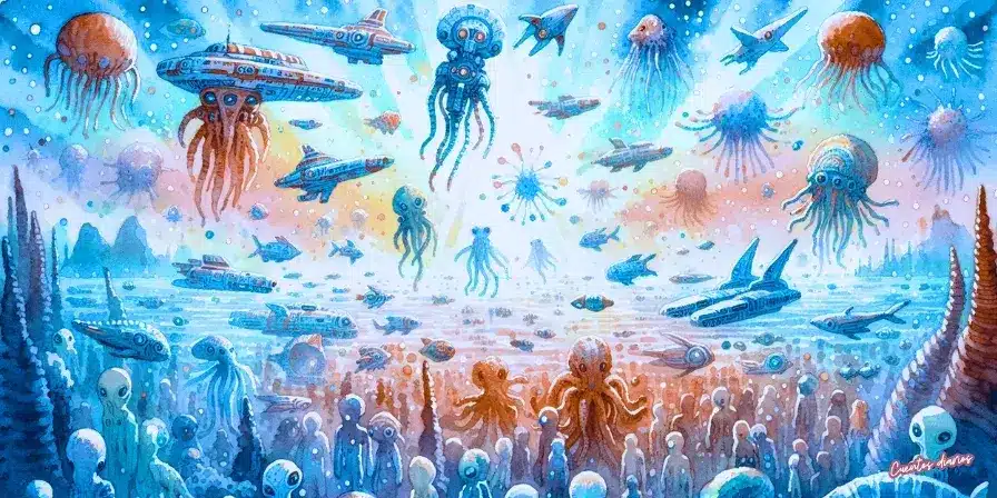 cuarela con múltiples medusas alienígenas de colores vivos y pequeñas naves espaciales flotando sobre un mar de aguas frías, con fondos de formaciones rocosas.