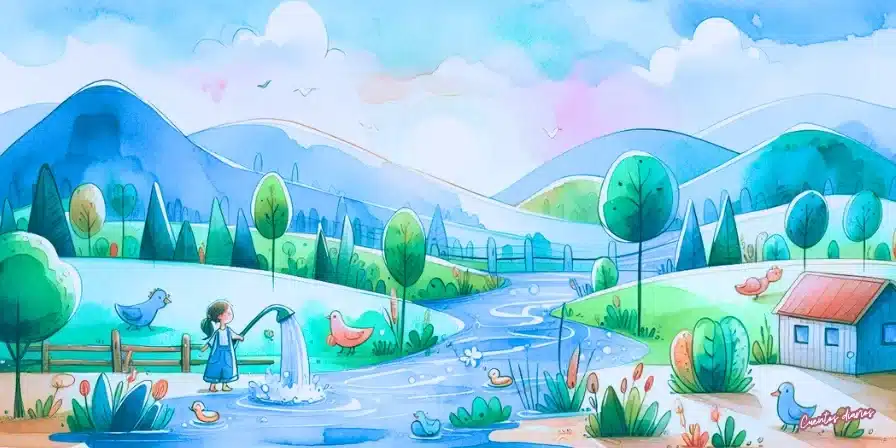Ilustración en acuarela de un cuento infantil sobre un río, naturaleza y una niña junto al agua,