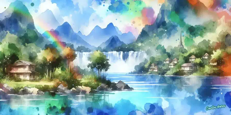 Ilustración acuarela: una gran ballena azul emerge del mar junto a una botella con pergamino, mientras un arcoíris se refleja en la cascada y el cielo artístico.